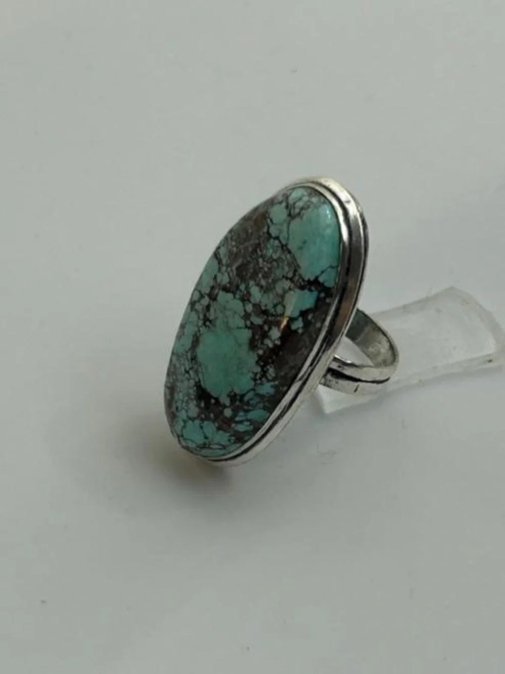 Oval Turquoise Stone Silver-Style Ring - Blue Green